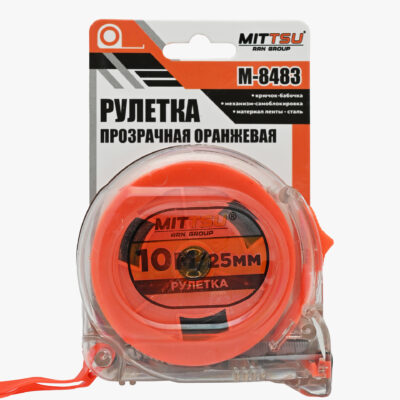 Рулетка прозрачная оранжевая 10м «MITTSU» M8483 (1*12)(1*60)