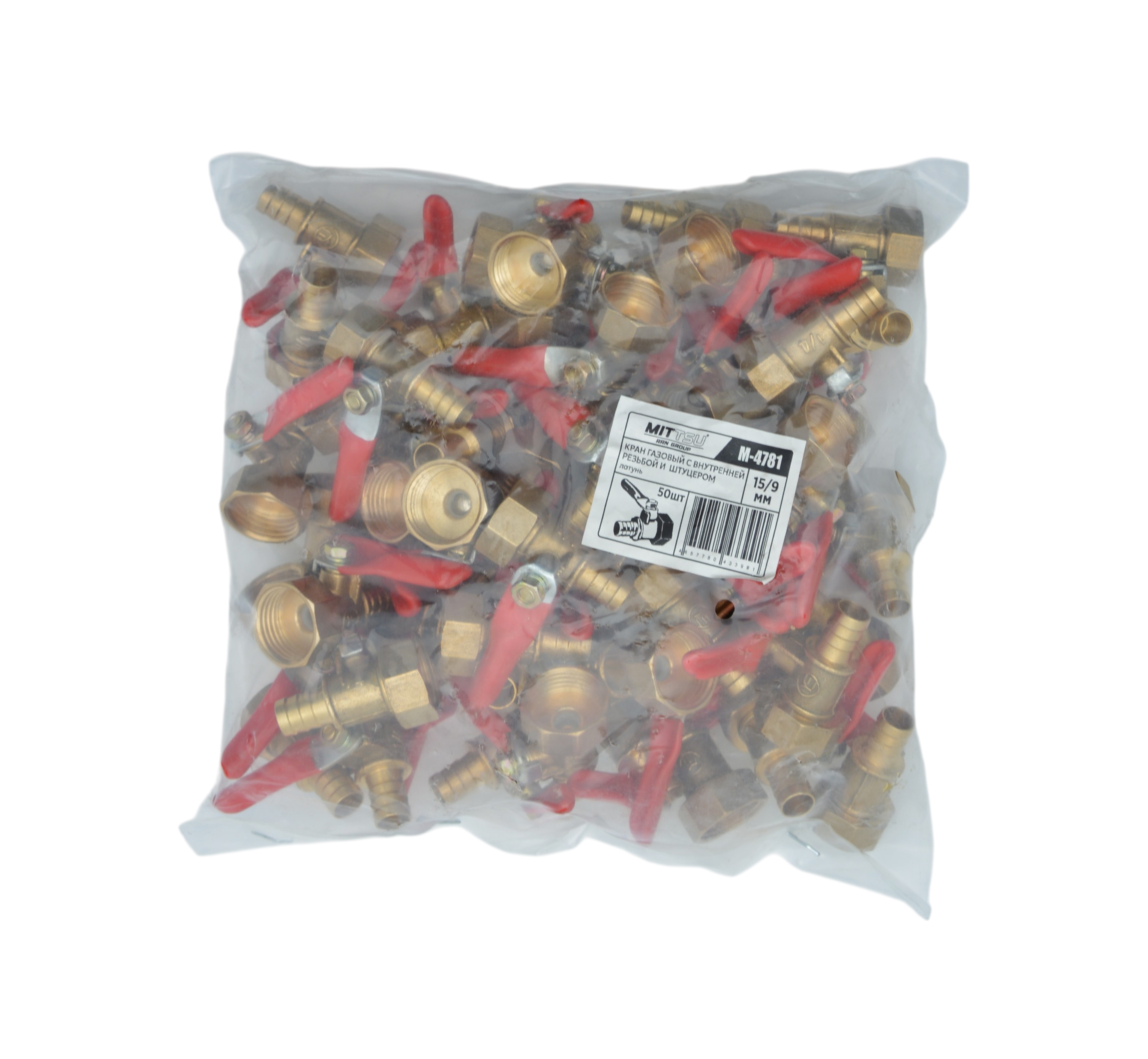 Кран-штуцер газ. латунь Ø15В*9 мм красная ручка "MITTSU" M4781 (1*50)(1*500)